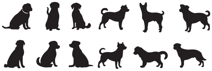 Dog silhouette sitting, jumping, run, with tail.  Dogs set silhouette on white background, isolated, vector. 
