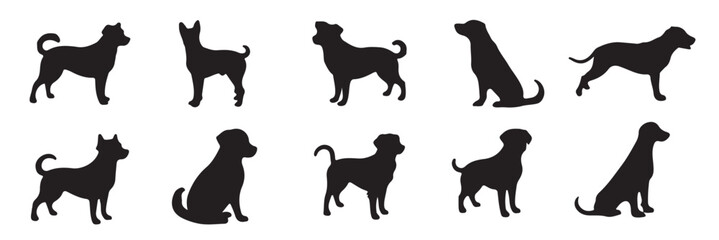 Dog silhouette sitting, jumping, run, with tail.  Dogs set silhouette on white background, isolated, vector. 