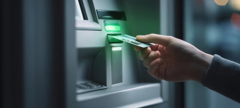 The ATM machine in use with a card being inserted for transaction.