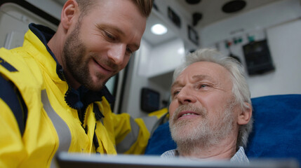 EMS professional paramedic using tablet.