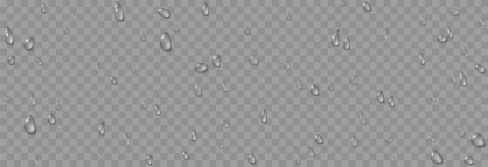 Vector water drops. Drops png, condensation on the window, on the surface. Realistic drops on an isolated transparent background.