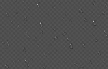Vector water drops. Drops png, condensation on the window, on the surface. Realistic drops on an isolated transparent background.