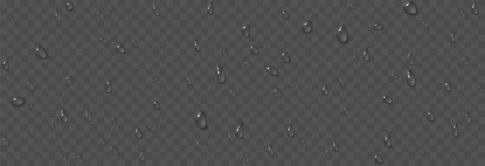 Vector water drops. Drops png, condensation on the window, on the surface. Realistic drops on an isolated transparent background.