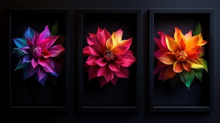 Obraz premium Three vibrant dahlias in black frames, dark background