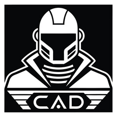 Futuristic CAD Logo with White Robot and Bold Lettering Striking Black Backdrop Cyberpunk Aesthetic Modern Design Clean Lines