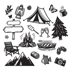 Camping set illustration with tent, forest trees, and campfire.
Adventure gear includes canoe, binoculars, and camera.
Vector design in hand draw doodle style perfect for nature, travel, and hiking th
