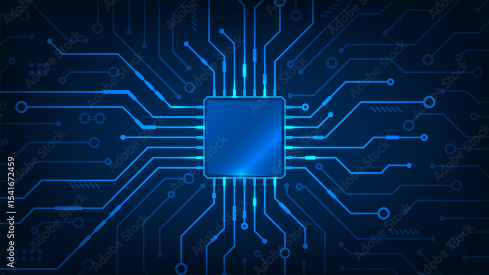 Poster abstract technology chip processor circuit board on blue background