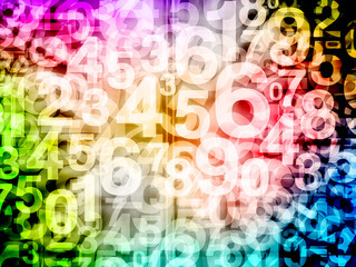 abstract rainbow colors background composed entirely of overlapping, blur stack number  from zero to nine on colorful background