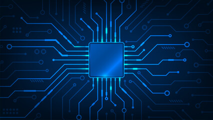 Abstract technology chip processor circuit board on blue background