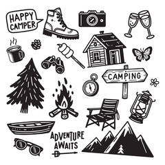 Camping set vector illustration with cabin, signpost, and mountains.
Adventure gear includes binoculars, lantern, campfire, canoe, compassand and hiking boots.
Outdoor travel theme in hand draw doodle