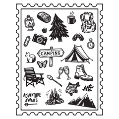 Camping illustration with tent, backpack, and campfire.
Outdoor vector features mountains, forest, and wildlife. Perfect for hiking, travel, and nature adventure themes.