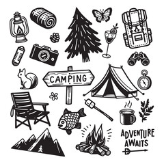 Camping vector collection with tent, mountains, and pine forest scene.
Black adventure set elements include backpack, compass, and binoculars.
For outdoor travel, hiking themes.