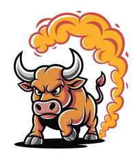 Angry cartoon bull with steam coming from horns and powerful strong expression in motion
