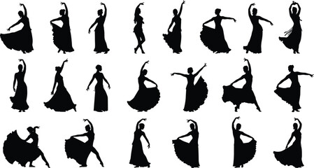 Silhouettes of flamenco dancers, traditional female poses, expressive dance movement, Spanish cultural art, elegant dress design, graceful performance figures, black vector illustration, 