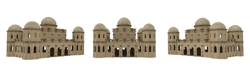 Arabian mosque building. Set of isolated 3D renders from 3 angles.