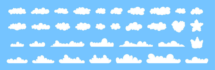 Set of cloud silhouette different form backgrounds. Various fluffy shapes including heart, star, crown, decorative sky elements, weather symbols, doodle icons, stickers.