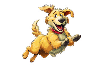 A cheerful and vibrant cartoon illustration of a golden dog with a red collar, leaping joyfully. Perfect for pet-related designs and children's content. Transparent PNG format for versatile use