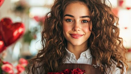 Young hispanic woman florist holding red roses in heart-themed flower shop. The 14th of February. Happy Valentine's Day