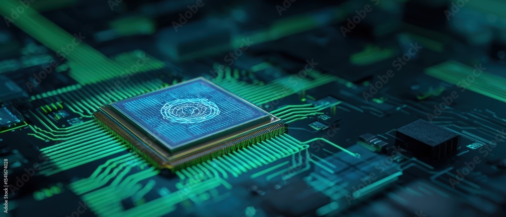Poster the intricate design of a microchip on a modern circuit board backdrop.