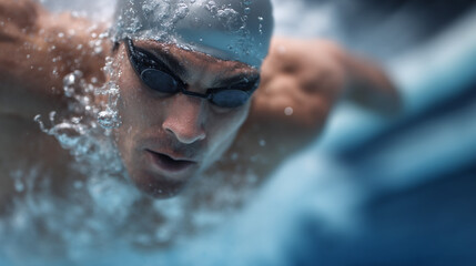 A swimmer wearing goggles in pool.