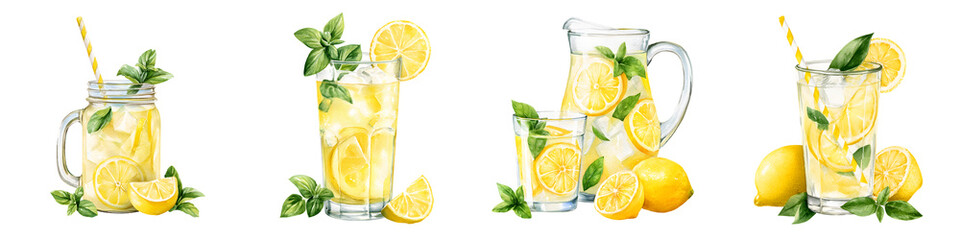 Refreshing lemonade in glasses and pitcher with lemons and mint