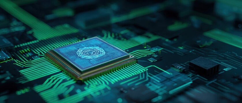 The intricate design of a microchip on a modern circuit board backdrop.