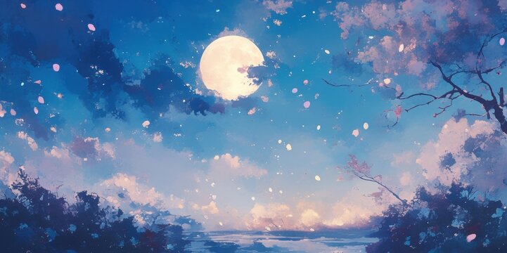 Full Moon Over a Serene Landscape with Blooming Trees and Gentle Snowfall
