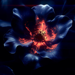 Illustration of a glowing flower with a hot flame in the center emitting a bright red-orange light. This light shimmers across the petals of a rich blue hue, creating a powerful emotional energy