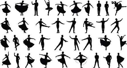 Silhouettes of male and female dancers, elegant dance poses vector, ballet and modern styles, expressive choreography design, artistic motion illustration, black performance figures collection