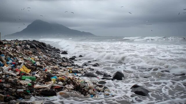 On a desolate, grey-sand coastline, a monstrous mountain of compacted plastic waste rises against the horizon. 