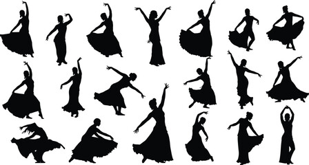Silhouettes of dancing women, elegant female dancers in motion, black vector illustration, expressive dance poses, graceful movement art, cultural performance concept, artistic figure collection