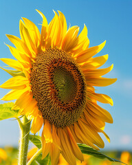 Close-up of a sunflower with bright yellow petals and clear sky. Symbol of Ukraine, hope and summer