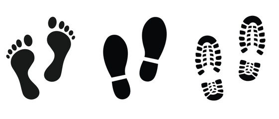 Footprint vector icon set. Collection different human footprints Vector Illustration. Barefoot footprints, shoe prints, bare feet, Baby footprint icons. Vector illustration.