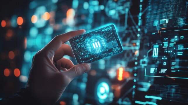 Person holding futuristic glowing digital card representing technology innovation and security