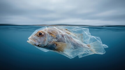A dead fish trapped in a plastic bag floats in clear turquoise waters, a tragic symbol of the devastating impact of plastic pollution on marine life