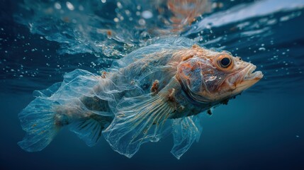 A dead fish trapped in a plastic bag floats in clear turquoise waters, a tragic symbol of the devastating impact of plastic pollution on marine life