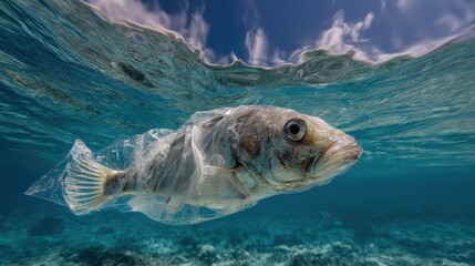 A dead fish trapped in a plastic bag floats in clear turquoise waters, a tragic symbol of the devastating impact of plastic pollution on marine life
