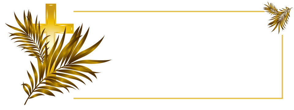 golden Christian cross and golden palm branches with a golden frame on a transparent background