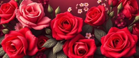 Obraz premium Elegant vintage-style red and burgundy rose bouquets with spring blooms, vector illustration, burgundy floral, floral clipart