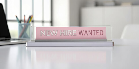 vacancy job. A desk sign reads "NEW HIRE WANTED," indicating a job opening in a professional office setting with a modern aesthetic.