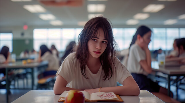 A young girl in a school cafeteria setting, surrounded by students, appears thoughtful and introspective. The image captures a moment of quiet contemplation amidst a lively environment.