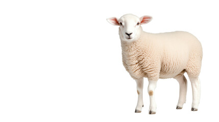 Fototapeta premium A fluffy sheep standing on a white isolated background, showcasing its soft wool and gentle expression.