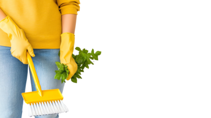 A person wearing yellow gloves holds a broom and fresh herbs, ready for cleaning and gardening tasks.