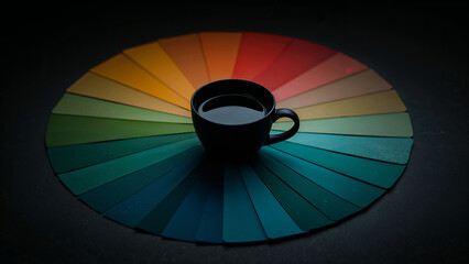 Black coffee cup resting on a color palette displaying vibrant colors in a circular arrangement