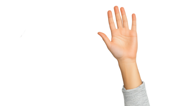 A hand raised in a gesture, conveying communication and engagement concept, on white isolated background.