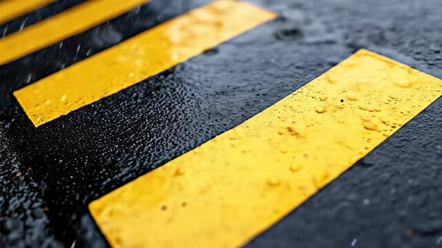 Wet yellow lines on textured asphalt surface