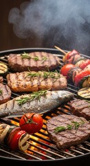 Grilling delights: sizzling meats fish on barbecue