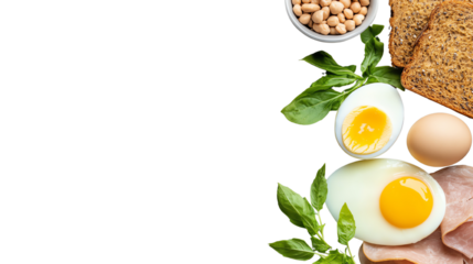A vibrant arrangement of eggs, bread, and greens on a white background, perfect for breakfast culinary themes.