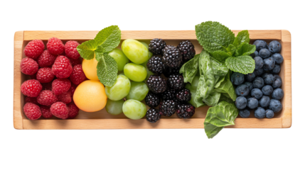 A vibrant assortment of fresh fruits including raspberries, melons, and blueberries arranged elegantly on a wooden tray.