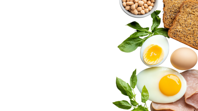 A vibrant arrangement of eggs, bread, and greens on a white background, perfect for breakfast culinary themes.
